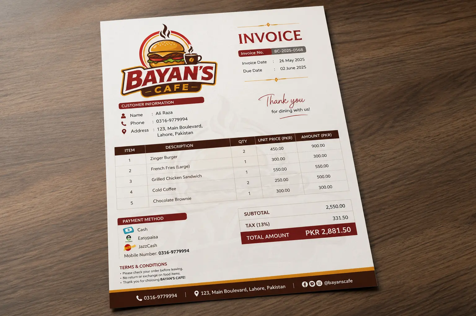 Bayan's Cafe Full Branding Kit — Invoice Design