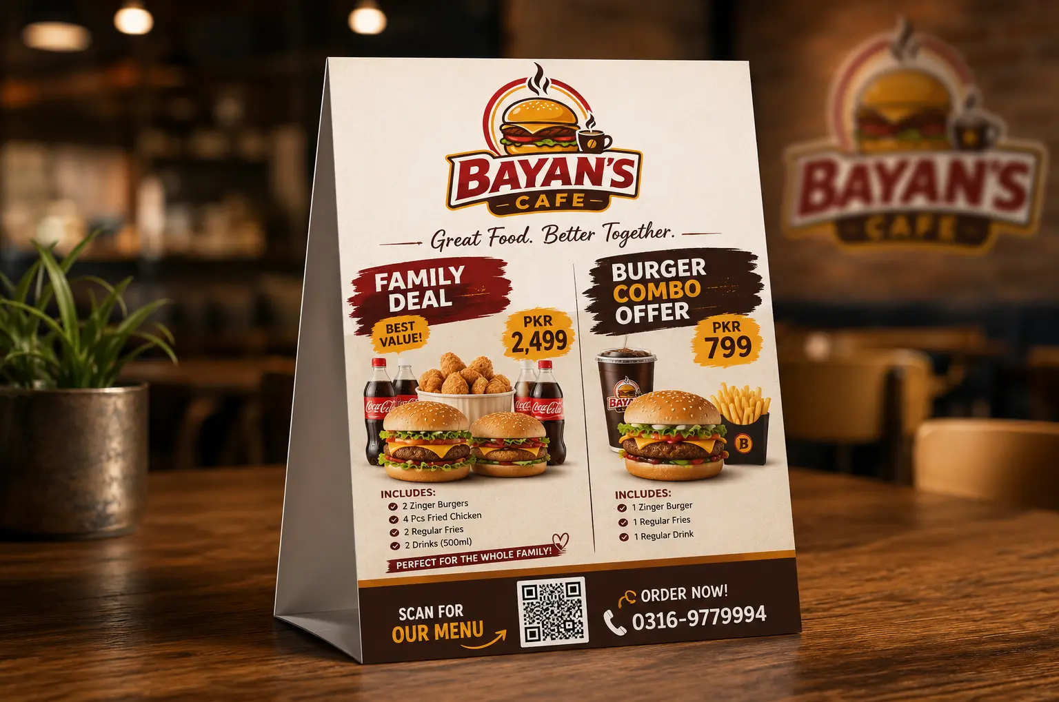 Bayan's Cafe Full Branding Kit — Table Tent Offer Design